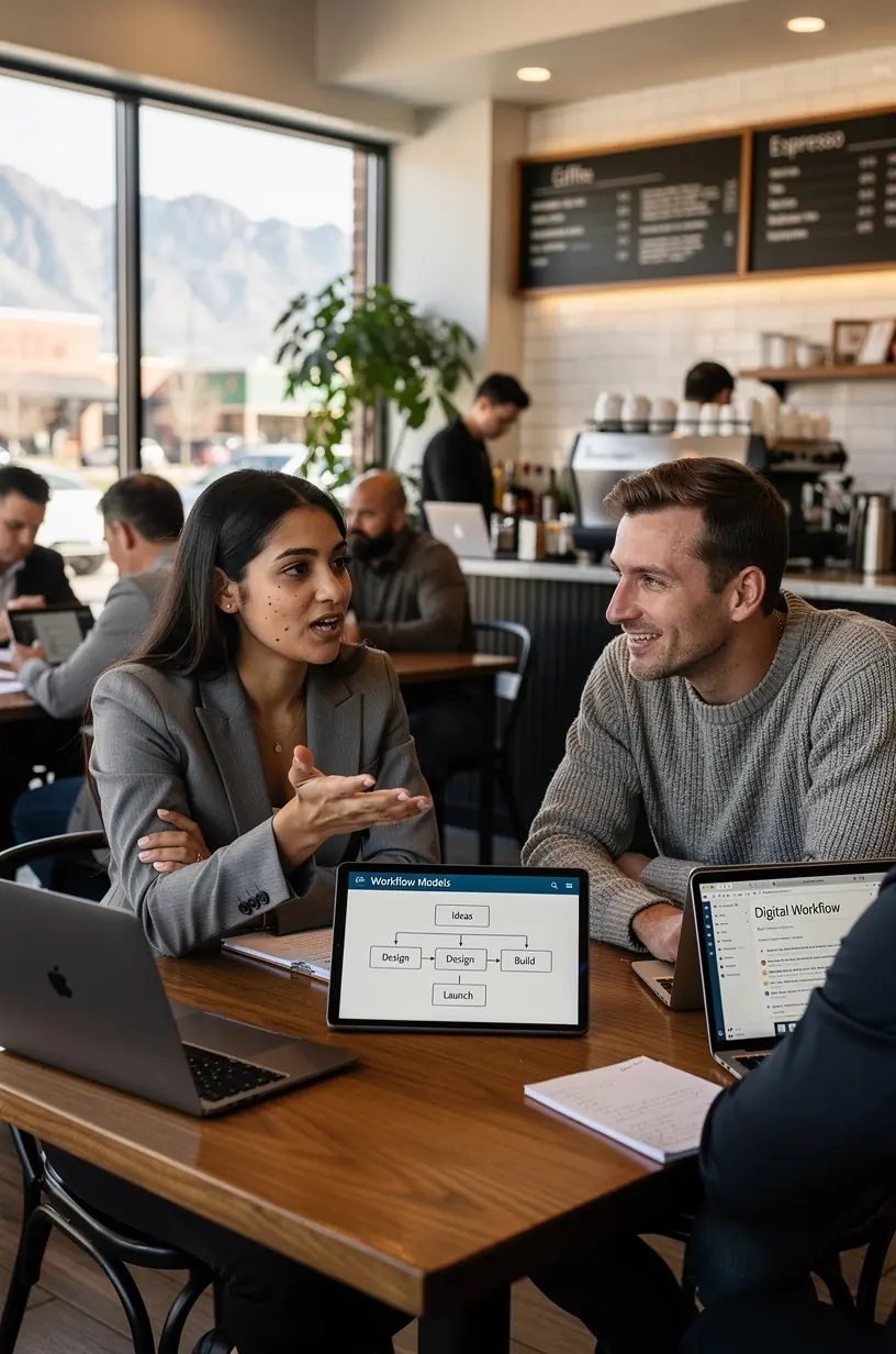 Team collaborating on scalable digital workflow systems.